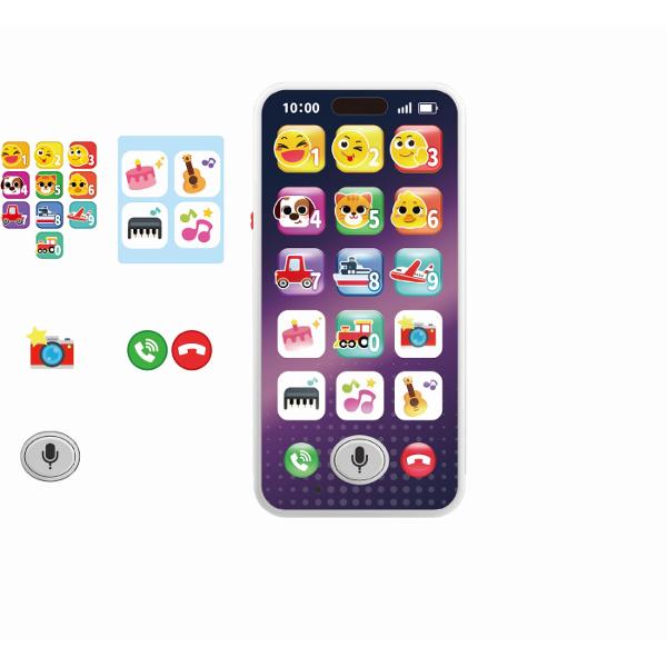 Telefonul interactiv de la Hola Toys este o jucarie educativa si captivanta special conceputa pentru copiii cu varsta intre 12 si 36 de luni Cu un design modern inspirat de telefoanele reale acest dispozitiv ofera peste 40 de fraze sunete si melodii care stimuleaza curiozitatea si dezvoltarea copilului Include peste 15 activitati amuzante care incurajeaza recunoasterea numerelor formelor culorilor sunetelor si emotiilor Functia de inregistrare ii permite celui mic sa-si auda propriul 