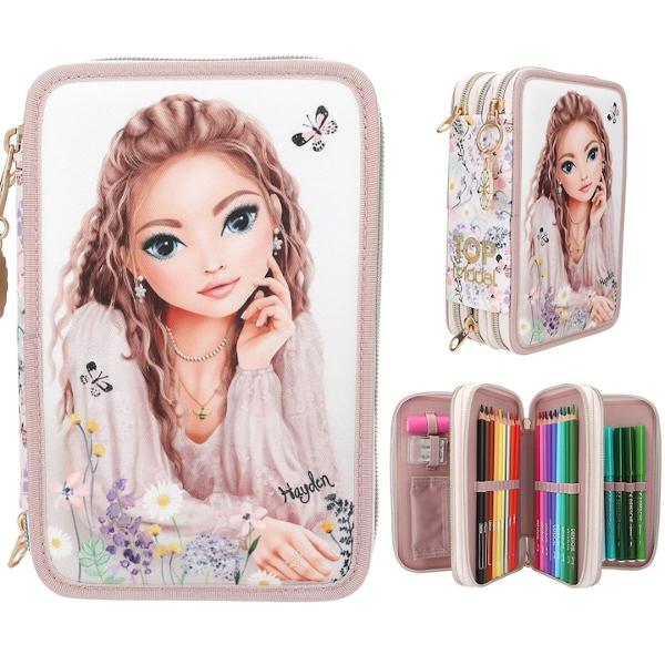 Penar Triplu Echipat TOPModel Summer Feeling – Design Floral RomanticPenarul triplu TOPModel Summer Feeling impresioneaza prin designul sau feminin si delicat cu un motiv romantic pe fata si imprimeu floral cu fluturi care inconjoara intregul penar Detaliul decorativ in forma de floare atasat fermoarului adauga un plus de stil si originalitatePractic si bine compartimentat penarul dispune de trei compartimente separate fiecare complet echipat 