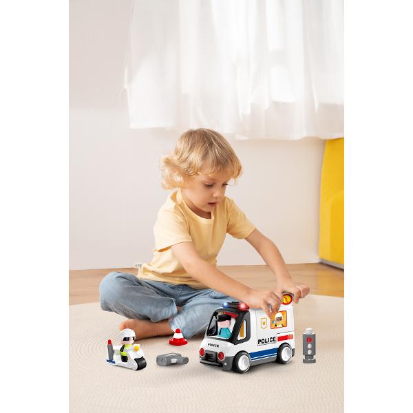 Masinuta de jucarie de politie pentru invatare timpurie este un set educativ destinat copiilor cu varste intre 15 si 5 ani Include o masinuta de politie un politist jucarie o motocicleta si semne de circulatie Produsul are 2 moduri de joc si 8 echipamente de trafic oferind o experienta interactiva care ajuta pe cei mici sa invete reguli de circulatie si sa-si dezvolte abilitati motorii si cognitive Setul este colorat sigur si potrivit pentru joaca educativa timpurie