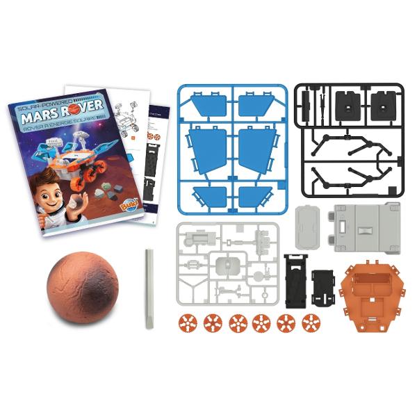  Asambleaza un vehicul care se va putea alimenta cu energie solara Robotelul poate functiona si cu o baterie LR06-AA neinclusa astfel incat sa te poti juca chiar si fara lumina soarelui Exploreaza mai departe excavand un bloc de ipsos pentru a descoperi patru roci autentice- andezit magnetit hematit si olivina - similare cu mineralele gasite pe marte de roverele stiintifice Dimensiunile rover-ului asamblat 22514 