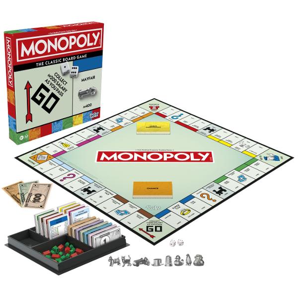 Da-te mare sau da-i faliment in jocul de societate Monopoly In aceasta editie a distractivului joc de familie experimenteaza gameplay-ul clasic pe care fanii il cunosc si il indragesc plus functii imbunatatite Am inclus o tava eleganta de depozitare pentru a pastra banii cartile si componentele organizate De asemenea am marit dimensiunea jetonelor caselor si hotelurilor fata de cele din editiile anterioare pentru o manipulare mai usoara Jucatorii se misca pe tabla cumparand cat mai 