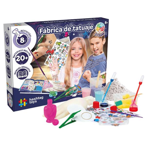 Creeaza-ti propriile tatuaje cu aceasta Fabrica de tatuaje Nu rata sansa de a-ti pregati propriile cerneluri si de a descoperi originea si stiinta din spatele tatuajelor temporare Vei gasi de asemenea peste 60 de tatuaje gata de aplicat pentru tine sau prietenii tai Continutul setului banda elastica manusa filtre de hartie cupe mici gradate pipete Pasteur cupa mare gradata spatule din lemn pensula colorant cosmetic albastru colorant cosmetic roz ghips recipient cu capac sticluta 