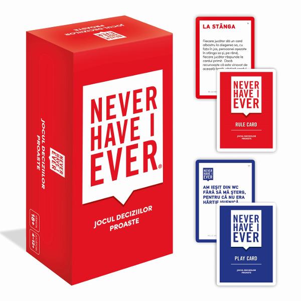 Jocul deciziilor proaste este jocul ideal pentru serile intre adulti care nu se tem sa recunoasca aventurile greselile si momentele amuzante din trecut Simplu sincer si plin de rasete acest joc te provoaca sa spui adevarul despre cele mai nebunesti experiente pe care le-ai trait sau nu Fiecare runda dezvaluie povesti neasteptate si reactii memorabile transformand orice seara intr-o experienta de neuitat Perfect pentru petreceri sau seri intre prieteni Never Have I Ever este jocul in 
