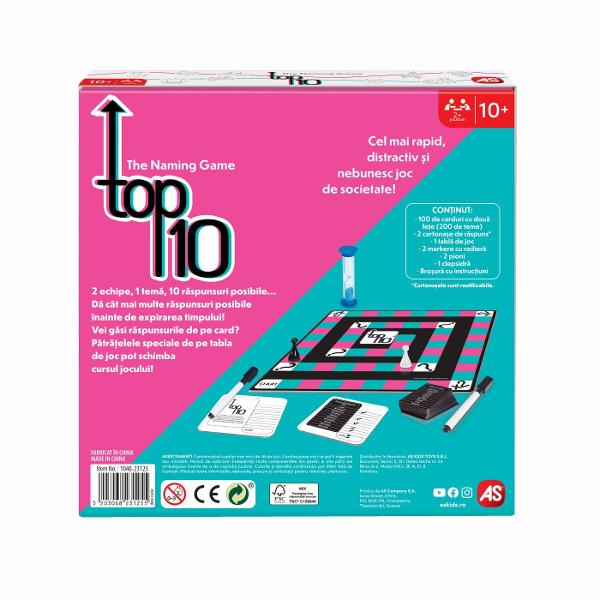 Joc de societate Top 10 in limba Romana Gaseste 10 raspunsuri in 60 de secunde Un joc de cultura generala plin de dinamism si distractie perfect pentru intreaga familie Fiecare runda te provoaca sa raspunzi rapid si corect la cat mai multe teme testandu-ti atentia gandirea si viteza de reactie Contine 100 de carduri cu doua fete 200 de teme 2 cartonase de raspuns 1 tabla de joc 2 markere cu radiera 2 pioni 1 clepsidra Un joc competitiv si amuzant care stimuleaza memoria si 