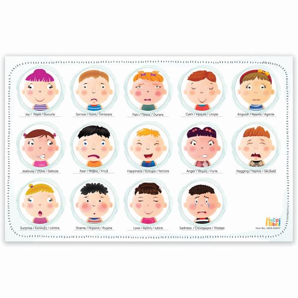 Un joc educativ de invatare emotionala cu 42 de magneti de hartie Setul ii familiarizeaza pe copii cu invatarea emotionala ajutandu-i sa recunoasca mai intai diferitele expresii faciale si apoi cu ajutorul ghidului ilustrat sa invete cum se reflecta emotiile umane in expresiile lor Fiecare magnet descrie trasaturi diferite pentru a reflecta expresii si emotii variate Cum arata cineva cand este fericit trist sau suparat Cum se manifesta sentimentele de gelozie rusine iubire sau 