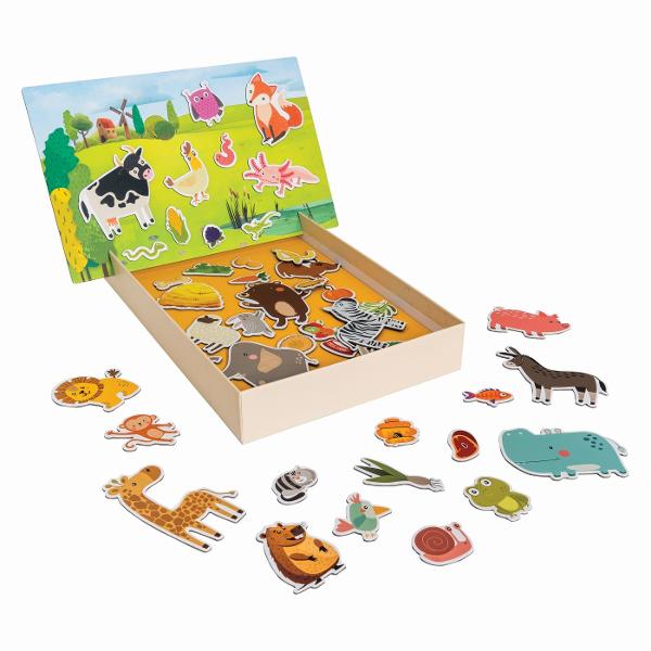 Happi Hobbi  prezinta aceasta jucarie magnetica cu animale educativa si distractiva care ii introduce pe copii in lumea fascinanta a animalelor Setul contine 41 de magneti din carton si o plansa magnetica ce se introduce in taieturile laterale ale cutiei transformand-o intr-o &bdquotabla&rdquo interactiva pe care copilul poate muta piesele cu usurinta creand scenarii originale si povestiri pline de imaginatie Fiecarui animalut ii corespunde un habitat si un tip de hrana pe care 
