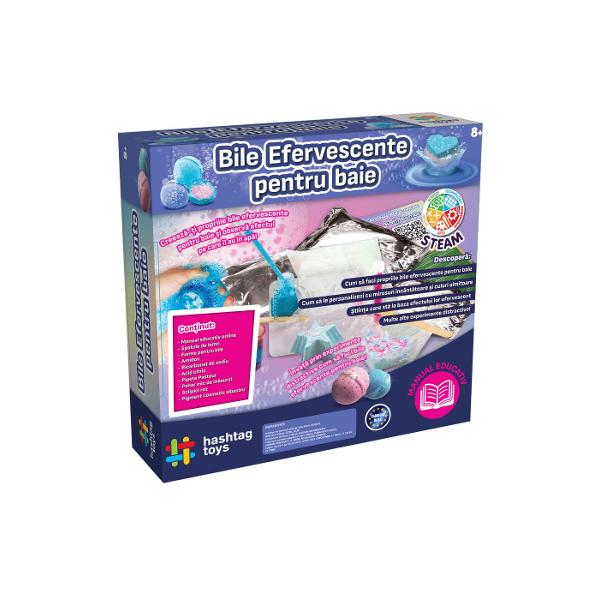 Distreaza-te creand bombe de baie colorate fantastice cu acest set Invata sa realizezi experimente chimice educative uimitoare si lasa-ti imaginatia sa zboare cu aceasta jucarie de baie fantastica Pregateste-le si urmareste efectul lor efervescent incredibil Continutul setului spatule de lemn forme pentru bilele efervescente pentru baie amidon bicarbonat de sodiu acid citric pipete Pasteur pahar mic de masurat sclipici roz pigment cosmetic albastru