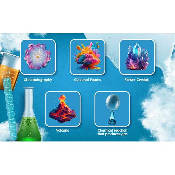 Devino un adevarat om de stiinta cu incredibilul Set  100 Experimente stiintifice Exploreaza lumea fascinanta a stiintei cu cele 100 de experimente distractive pregatite special pentru tine Acest set stiintific include 47 de componente si distractie fara sfarsit pentru o luna intreaga Distreaza-te creand reactii chimice colorate vulcani cristale si slime nebunesc Descopera cromatografia si multe altele Continutul setului pigment rosu pigment galben manusi vas Petri ochelari de 