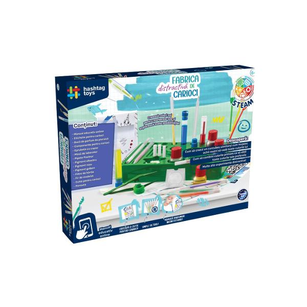 Iti place sa pictezi sa desenezi si sa-ti lasi imaginatia libera Avem jucaria perfecta pentru tine SET FABRICA DISTRACTIVA DE CARIOCI Cu acest set poti invata cum sa creezi propriii markeri Vei descoperi si cum sa faci markere care isi schimba culoarea parfumate sau cu cerneala invizibila Invata sa amesteci culori si exploreaza toate posibilitatile acestei &bdquofabrici de culori&rdquo Poti chiar sa creezi si sa personalizezi propria cutie de markere Continutul kitului etichete 