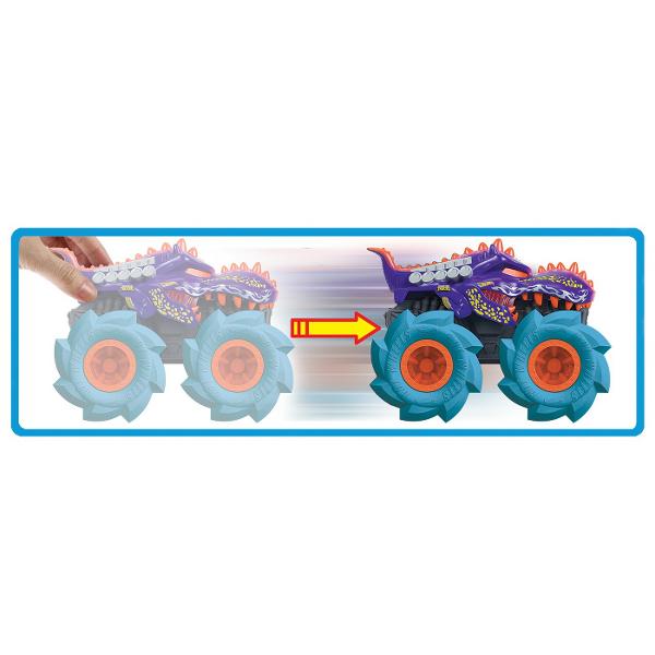 Zdrobiti concurenta cu acest asortiment de vehicule monster truck Hot Wheels Twisted Tredz la scara 143 monstruoase cu sasiuri cu tematica de creatura Motorul cu frictiune cu actiune de tragere inapoi si eliberare lanseaza aceste vehicule feroce peste obstacole si teren cu o deplasare inainte care rupe pamantul Accelerati si eliberati vehiculele de neoprit Mega Wrex Bone Shaker Rodger Dodger sau Marvel Hulk pentru busituri si lovituri Fiecare Monster Truck are cauciucuri GIGANT stilizate 