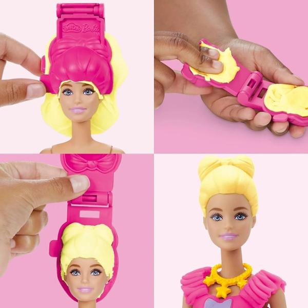 Creeaza stiluri super dragute cu setul Volanase si Fundite Este usor si distractiv sa creezi haine pentru papusa Barbie Play-Doh cu acest kit de arte si mestesuguri Pur si simplu aseaza papusa pe suport foloseste foaia cu modele Play-Doh si decupatoarele pentru a croi rochite Barbie si imbrac-o in cele mai creative moduri imaginabile Ofera-i diferite coafuri Play-Doh cu ajutorul matritei de par sau copiii isi pot face propriile coafuri manual Adauga accesorii pentru papusa Barbie cum ar fi 