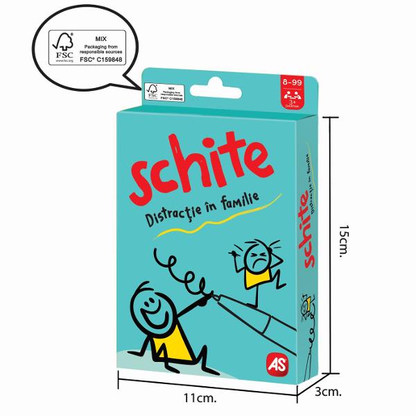 Schite  Distractie in familie este un joc de carti de societate dinamic si amuzant potrivit pentru serile petrecute alaturi de familie sau prieteni Conceput pentru 3 sau mai multi jucatori acest joc pune la incercare creativitatea si rapiditatea participantilor provocandu-i sa deseneze si sa ghiceasca diferite cuvinte sau expresii intr-un timp limitat Regulile sunt simple si usor de inteles ceea ce il face accesibil atat copiilor cat si adultilor fiind recomandate pentru varste intre 6 