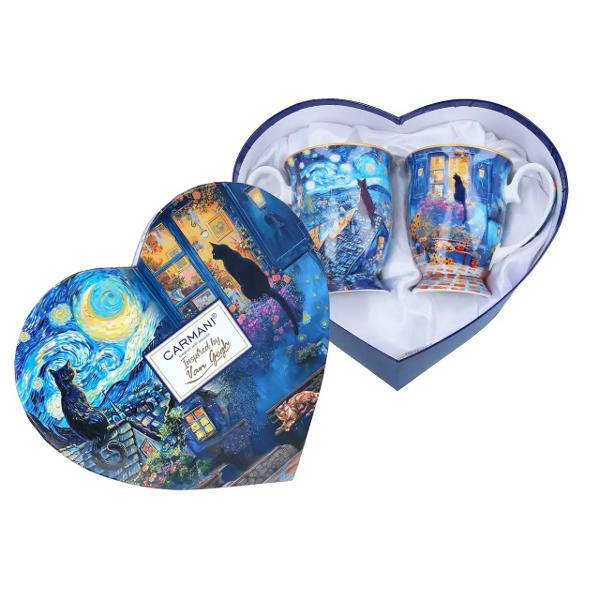 Set elegant format din 2 c&259;ni din por&539;elan fin cu o capacitate de 280 ml fiecare decorate cu ilustra&539;ii&nbsp;cu pisici &icirc;n stilul inconfundabil al picturilor lui Vincent van Gogh Culorile vibrante &537;i detaliile expresive aduc un plus de energie &537;i veselie fiec&259;rei pauze de cafea sau ceaiAcest set combin&259; func&539;ionalitatea cu arta transform&acirc;nd momentele obi&537;nuite 