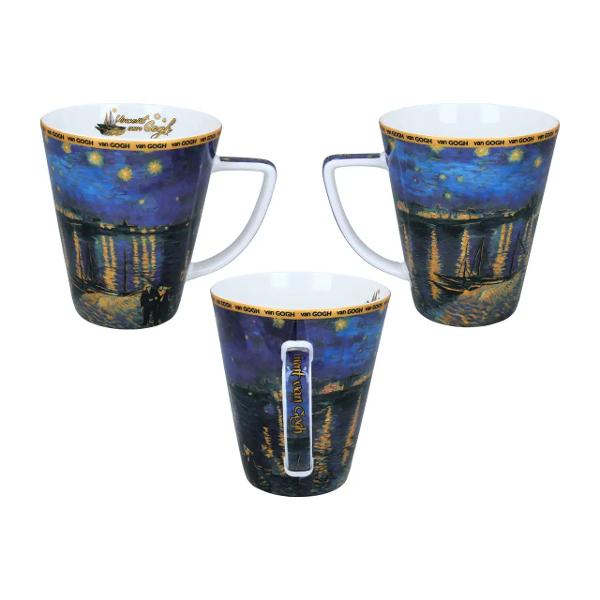 Set elegant realizat din por&539;elan fin inspirat de celebra oper&259; &bdquo;Noapte &icirc;nstelat&259; peste Rhone&rdquo; de Vincent van Gogh ce aduce arta mai aproape de momentele tale de relaxare Setul con&539;ine o cea&537;c&259; de 230 ml cu farfurioar&259; asortat&259; &537;i o can&259; de 400 ml ambele decorate cu nuan&539;e vibrante &537;i detalii artistice specifice stilului inconfundabil al marelui pictorp data-start421 