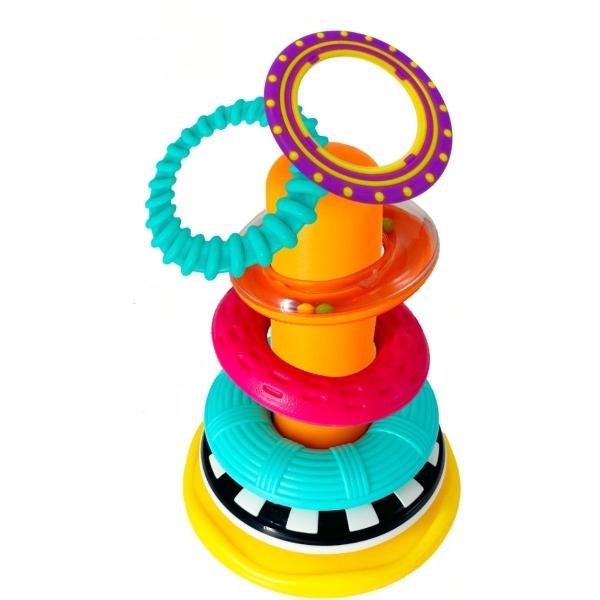 Winfun Stivuitor Cu Inele Senzorial este o jucarie educativa pentru bebelusi conceputa pentru a stimula dezvoltarea senzoriala si coordonarea inca de la varste fragede Setul include mai multe inele colorate cu texturi diferite usor de prins si de manevrat de catre mainile mici Baza instabila de tip wobble adauga un element de miscare care face jocul mai interactiv si mai distractiv incurajand copilul sa exploreze si sa repete actiunile Fiecare inel are forme culori si suprafete variate 