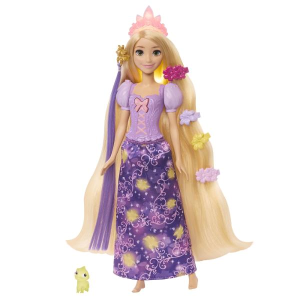 Papusa Disney Princess Setul Parul Magic Al Lui Rapunzel aduce la viata magia povestii prin parul sau lung si accesorii speciale de styling Rapunzel poarta o rochie eleganta in nuante de mov decorata cu motive inspirate din povestea sa iar parul lung si blond poate fi pieptanat si aranjat in multe stiluri Setul include mai multe accesorii tematice precum agrafe colorate si o perie care permit copiilor sa creeze coafuri diferite si sa personalizeze look-ul printesei Detaliile inspirate din 