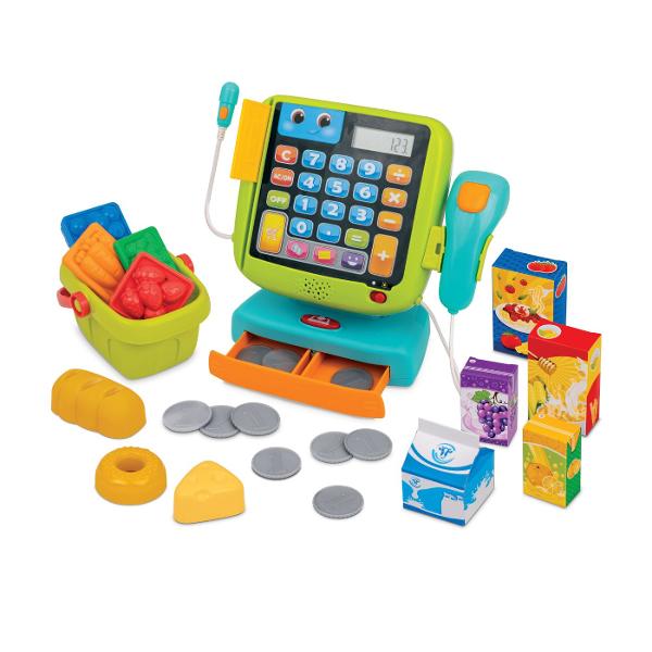 Winfun Set Casa De Marcat Interactiva Cu Accesorii este o jucarie interactiva complexa conceputa pentru copii de la 24 luni ideala pentru invatare prin joaca si dezvoltarea abilitatilor de baza matematica si sociala Setul include o casa de marcat electronica cu functie de calculator real scanner microfon functional si multiple accesorii precum alimente de jucarie si cos de cumparaturi oferind o experienta completa de joc de rol Casa de marcat este prevazuta cu taste numerice si functii 