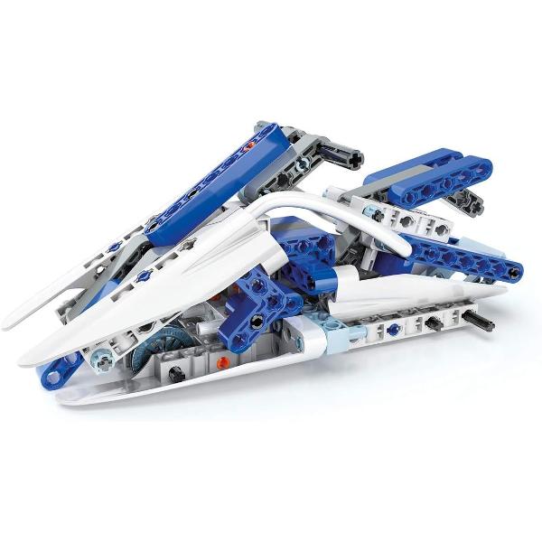 Set constructie STEM Mechanics Laboratory conceput pentru copii pasionati de tehnologie si inginerie care doresc sa descopere principiile mecanicii intr-un mod practic si distractiv Setul permite realizarea a doua modele functionale  un trimaran si o ambarcatiune  oferind o experienta educativa completa Include peste 130 de piese usor de asamblat care ajuta la intelegerea conceptelor de baza din mecanica constructie si miscare Copiii pot construi testa si reconstrui modelele dezvoltand 