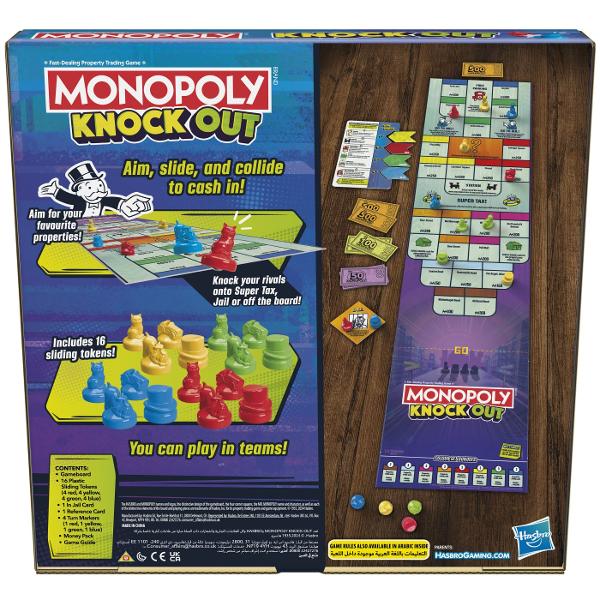 Monopoly Knock Out este un joc de societate dinamica si competitiv care aduce o abordare completa noua asupra clasicului Monopoly transformand fiecare partida intr-o experienta rapida si plina de actiune In locul regulilor traditionale jucatorii isi lanseaza jetoanele pe tabla de joc incercand sa isi passtreze pozitia pe proprietati valoroase si sa ii elimine pe adversari pentru a castiga bani Designul modern si mecanica interactiva fac jocul utilizatorului de inteles si extrem de 