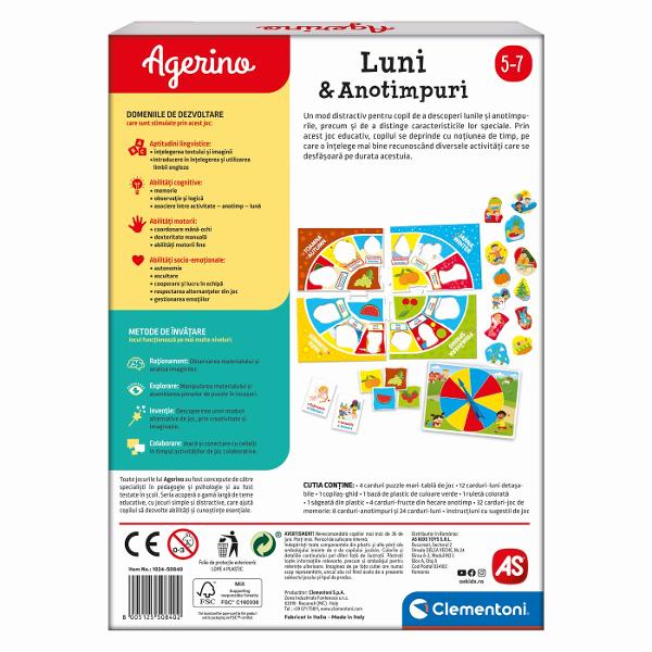 Luni &amp Anotimpuri este un joc educativ conceput pentru copiii de la 5 ani Prin joc copiii pot invata cele 4 anotimpuri cele 12 luni ale anului evenimentele si elementele caracteristice fiecareia  Jocul contine 1 tabla de joc cu 4 carti de puzzle 12 cartele detasabile cu 12 luni 1 copil pilot 1 baza verde din plastic 1 ruleta colorata 4 planse cu fructe 32 de planse pentru jocul de memorie si 1 ghid de instructiuni Toate jocurile lui Agerino au fost concepute de specialisti in 