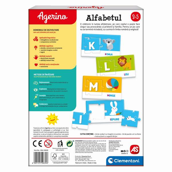 Alfabetul este joc educativ special conceput pentru copiii de la 3 ani Contine cartonase ilustrate cu animale si litere pentru o prima abordarea a alfabetului intr-un mod placut si distractiv invatand literele si sunetul lor Jocul indeamna copilul sa scrie primele cuvinte in romana si engleza Setul contine 30 de cartonase cu imagini si cuvinte 30 de piese de puzzle si 1 manual de instructiuni Valori dezvoltate citirea si scrierea logica si spiritul de observatie limba straina 