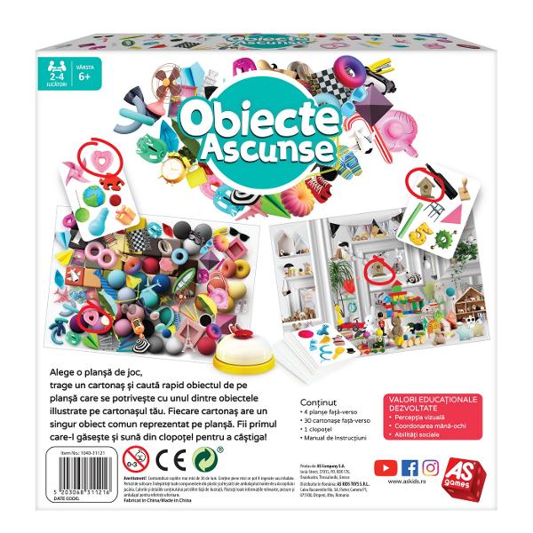 Cel mai distractiv si antrenant joc de obseratie Alege o plansa de joc trage o carte si gaseste rapid obiectul ascuns Fii primul care suna din clopotel si castiga Jocul contine 4 planse de joc 30 de cartonase cu obiecte 1 clopotel si 1 manual de instructiuni Valori dezvoltate perceptia vizuala coordonarea mana-ochi abilitati sociale Jucatori 2-4 Varsta 6 Nu necesita baterii
