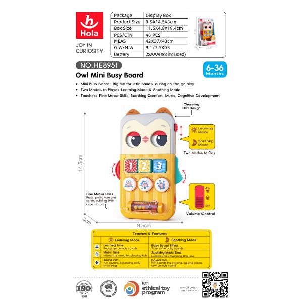 Jucarie educativa interactiva tip mini tablita de joaca Bufnita conceputa pentru a stimula dezvoltarea cognitiva si senzoriala a copiilor mici Produsul are un design atractiv in forma de bufnita cu culori vii si elemente tactile care capteaza atentia si incurajeaza explorarea Panoul frontal include butoane numerotate simboluri si imagini care declanseaza sunete si melodii contribuind la invatarea numerelor formelor si asociatiilor vizuale In partea inferioara este integrat un element 