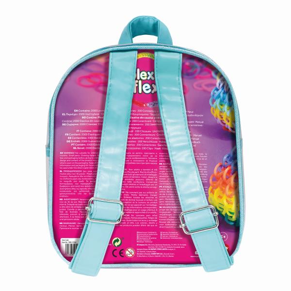 Set creativ Plexi Flexi in rucsac ideal pentru copii care iubesc activitati handmade si accesorii colorate Acest kit include 2000 de elasticuri multicolore 5 accesorii si 30 de margele pentru decorare oferind tot ce este necesar pentru realizarea unor bratari si creatii unice Setul este ambalat intr-un rucsac modern si practic care permite transportul facil tuturor componentelor astfel incat copiii pot crea oriunde  acasa in vacanta sau alaturi de prieteni Rucsacul poate fi folosit si 