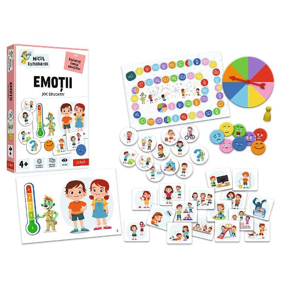 Jocul educativ &bdquoEmotii  Micul Explorator&rdquo este conceput pentru ai ajuta pe copii sa descopere si sa inteleaga lumea emotiilor intr-un mod interactiv si prietenos Prin sugestive carduri ilustrate si elemente vizuale atractive cei mici invata sa recunoasca diferite stari emotionale sa le denumeasca si sa le asocieze cu situatii din viata de zi cu zi Jocul stimuleaza dezvoltarea emotionala incurajeaza exprimarea sentimentelor si contribuie la imbunatatirea abilitatilor de 