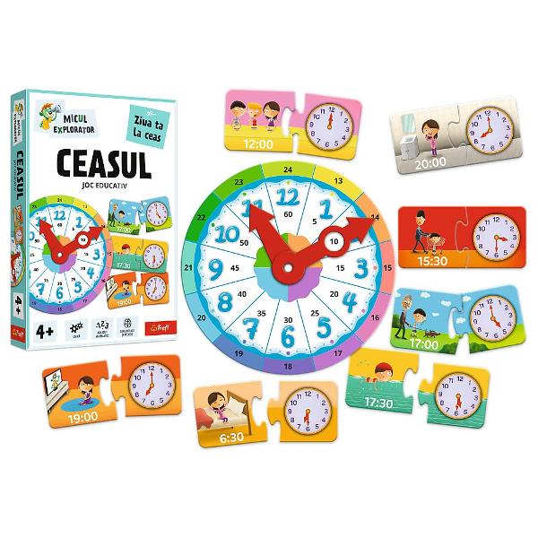 Jocul educativ &bdquoCeasul  Micul Explorator&rdquo este conceput pentru ai ajuta pe copii sa invete notiunile de baza legat de timp intr-un mod interactiv si usor de inteles Prin folosirea unui ceas ilustrat cu limbile mobile si a pieselor tip puzzle care asociaza orele cu activitati zilnice cei mici invata sa recunoasca ora sa faca legatura intre momentele zilei si rutina lor si sa isi dezvolte gandirea logica Jocul stimuleaza abilitatile matematice concentrarea si atentia 