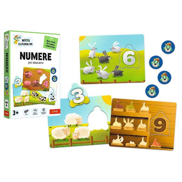 Jocul educativ &bdquoNumere  Micul Explorator&rdquo este conceput pentru ai ajuta pe copii sa faca primii pasi in intelegerea numerelor intr-un mod simplu si atractiv Prin asocierea cifrelor cu imagini sugestive si elemente din viata de zi cu zi cei mici invata sa recunoasca numerele si sa le coreleze cu cantitati dezvoltandu-si astfel gandirea logica si abilitatile matematice de baza Piesele tip puzzle sunt usor de manevrat si incurajeaza invatarea prin joaca stimuland in acelasi 