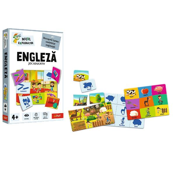 Jocul educativ &bdquoEngleza  Micul Explorator&rdquo este conceput pentru ai introduce pe copii in lumea limbii engleze intr-un mod interactiv si accesibil Prin asocierea imaginilor cu denumirile corespunzatoare in engleza si romana cei mici invata primele cuvinte uzuale intr-un mod natural bazat pe observatie si repetitie Setul include piese ilustrate si activitati tip puzzle care stimuleaza memoria atentia si dezvoltarea abilitatilor lingvistice contribuind la formarea unui 