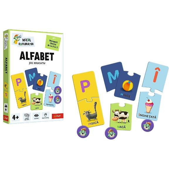 Jocul educativ &bdquoAlfabet  Micul Explorator&rdquo este conceput pentru ai ajuta pe copii sa invete literele de la A la Z intr-un mod interactiv si atractiv Prin intermediul pieselor tip puzzle care asociaza literele cu imaginile si cuvintele familiare cei mici invata mai usor sa recunoasca alfabetul si sa faca legatura intre sunete si obiecte din viata de zi cu zi Jocul stimuleaza dezvoltarea abilitatilor lingvistice atentia si coordonarea oferind in acelasi timp o experienta de 