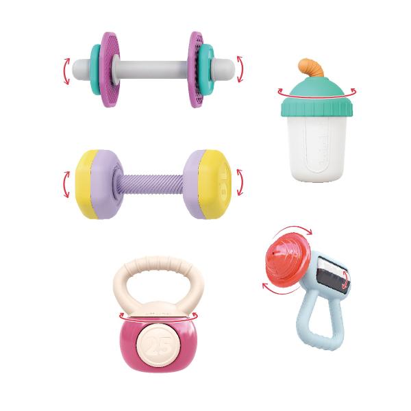 Set 9 jucarii gingivale in forma de echipamente cu tematica de sala Acest adorabil set de zornaituri stimuleaza abilitatile motorii fine descoperirea senzoriala si ii ajuta pe copii sa inteleaga cauza si efectul Este usor de tinut in mana si de manevrat Usor de dezinfectat Creste-ti copilul pentru a deveni un pasionat de sport Jucariile de dentitie ajuta la calmarea disconfortului gingival zornaitoarele ajuta la stimularea simturilor si la antrenarea abilitatilor motorii