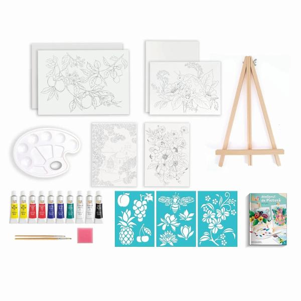 Set creativ Happi Hobbi Atelierul de Pictura Acrylic conceput pentru a introduce copiii in lumea picturii in culori acrilice intr-un mod accesibil si atractiv Acest set complet le permite celor mici sa picteze pe panza propriilor propriile lor creatii Este potrivit atat pentru incepatori datorita manualului detaliat si ilustrat care explica pas cu pas tehnica acrilica cat si pentru copiii care au deja experienta si doresc sa isi dezvolte abilitati Continutul variat ofera posibilitate de 