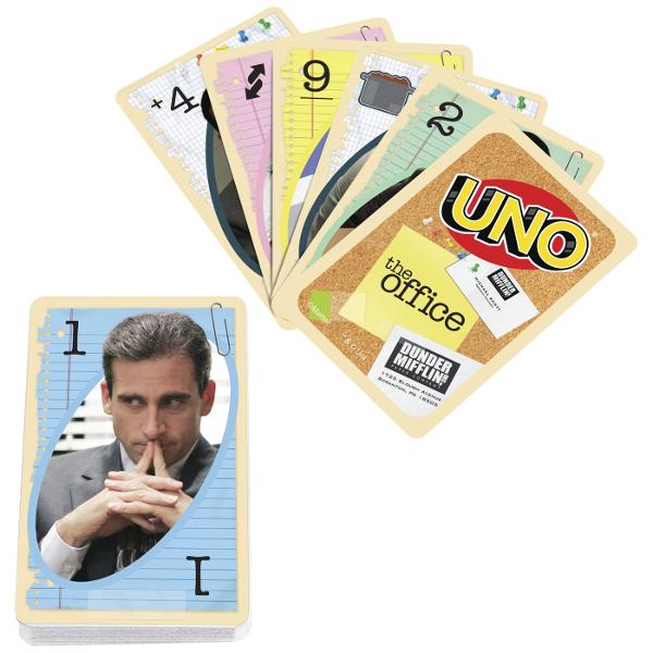 Jocul de carti UNO The Office aduce regulile clasice UNO intr-o editie speciala inspirata de universul The Office Jucatorii trebuie sa potriveasca rapid cartile dupa culoare sau numar sa foloseasca strategic cartile speciale si sa scape primii de toate cartile din mana Editia include ilustratii tematice din The Office si o regula speciala care adauga mai mult umor si suspans fiecarei runde Jocul este potrivit pentru 2-10 jucatori si este recomandat copiilor cu varsta de peste 7 ani fiind 