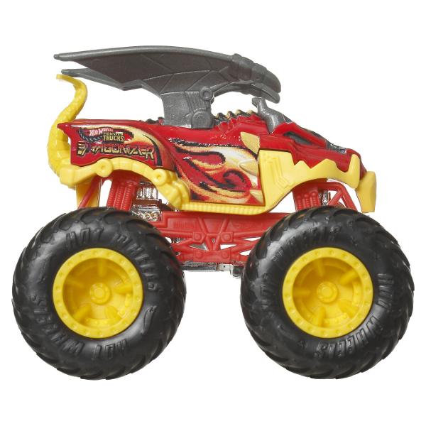 Colectioneaza masinutele Hot Wheeels gigantice pentru numeroase cascadorii Striviti competitia cu masinuta de baza 164 are motoare puternice de frecare si actiuni feroce pe roti acesti monstri sunt de neoprit Fiecare se vinde separat in functie de disponibilitate Culorile si decoratiunile pot varia Acest pachet contine personajul Dragonizer