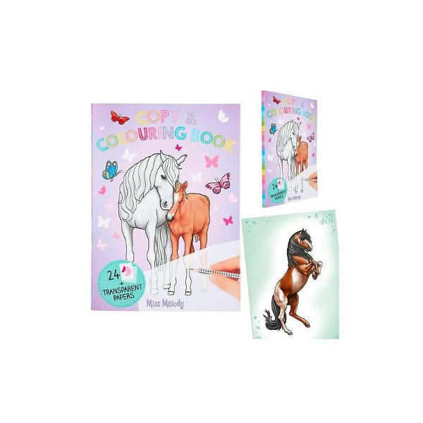 Cu cartea de colorat Miss Melody copiii pot invata sa deseneze sa copieze diferite motive si sa-si lase creativitatea sa scapePe cele 24 de pagini exista diferite motive de cai care pot fi usor turnate si pictate ulterior Cartea de creatie cu preprinturi colorate include o coala de hartie transparenta pentru urmarire usoara Brosura de colorat de inalta calitate are si un carton robust ca baza practica la desen