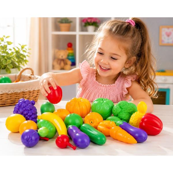 Setul &bdquoLegume si fructe&rdquo este o jucarie educativa colorata care ii ajuta pe copii sa descopere diferite legume si fructe sa invete denumirile culorile si formele acestora Este completarea perfecta pentru bucataria de jucarie magazinul sau restaurantul copiilor si pentru jocurile de rol Setul contine 26 de produse din plastic cu aspect realist 11 legume si 15 fructe Toate piesele sunt fabricate din plastic rezistent si sigur avand dimensiuni potrivite pentru mainile 