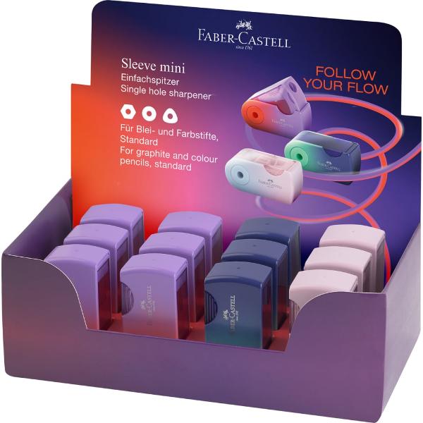 Ascutitoare plastic simpla sleeve mini gama Flow de la Faber-Castell Container pentru reziduuri Forma ergonomica pentru ascutire usoara Surub de siguranta Pentru creioane grafit si colorate standard Culori in trei nuante cu efect gradientAtentie Pretul afisat este per bucata Nu se poate alege culoarea