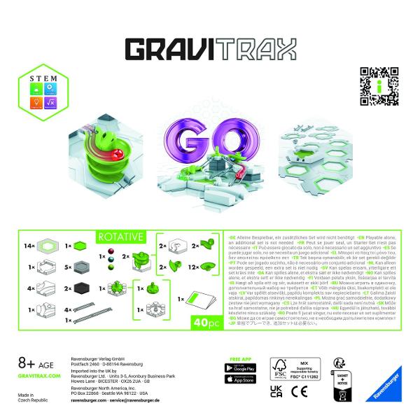 Descopera lumea fascinanta GraviTrax cu setul de constructie Rotativ conceput pentru realizarea unor trasee spectaculoase pentru bile Cele 40 de piese permit construirea unui circuit dinamic prevazut cu elemente rotative care schimba directia si adauga mai multa actiune fiecarei curse Copiii pot experimenta cu gravitatia viteza si miscarea dezvoltandu-si gandirea logica creativitatea si abilitatile de rezolvare a problemelor Setul reprezinta o introducere potrivita in universul GraviTrax 