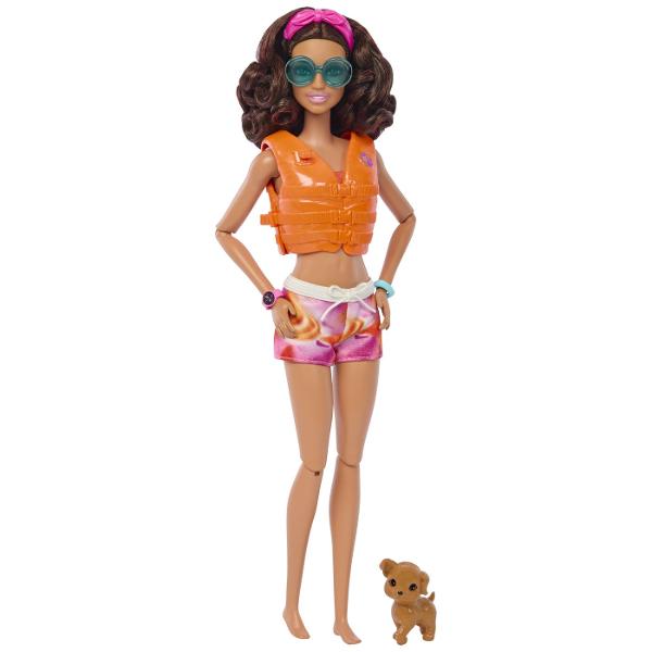 Sa inceapa distractia pe apa Copiii se pot juca cea mai buna zi pe plaja cu aceasta papusa Barbie Ea vine cu o placa de surf un catelus si accesorii realiste de distractie la plajaPlaca de surf cu imprimeu groovy tine papusa in loc cu cleme pentru picioare si o curea de glezna in timp ce ea calatoreste pe valuriPapusa Barbie poarta o tinuta sportiva de inot cu bentita si vine la pachet impreuna cu un catel jucausEa este super entuziasmata de distractie la soare cu un corp care permite 