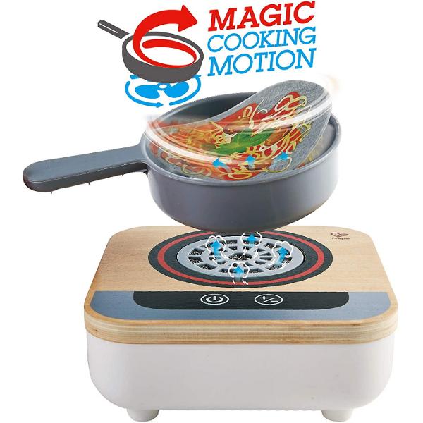 invata sa gatesti cu acest aragaz Are un ventilator incorporat Fara caldura Include sase retete pe trei discuri de pasla o spatula metalica si un set de recipiente cu sare si piper Pregatiti mesele pentru prietenii si familia dvs ca un adevarat bucatar Alegeti o reteta porniti aragazul si amestecati mancarea Aragazul se va opri automat daca nu este utilizat timp de 90 de secunde &bull Ventilatorul din aragaz face ca alimentele sa se miste realist in tigaie Comutatorul senzorului 