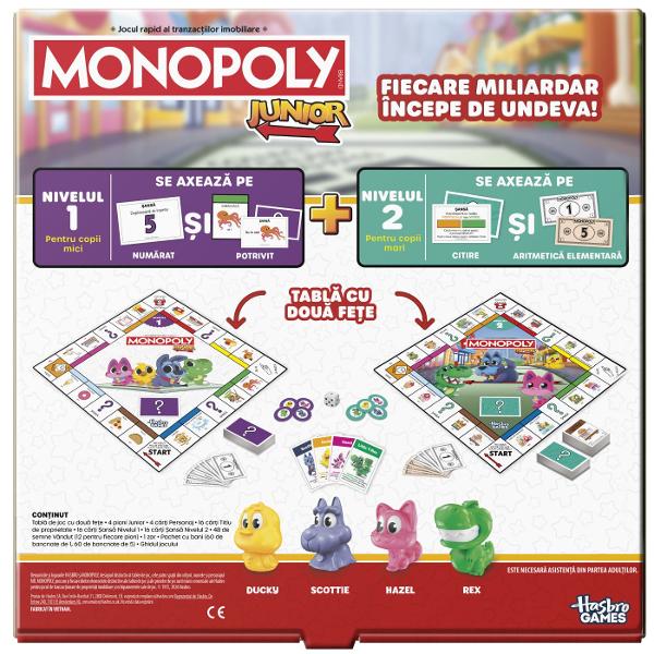 Fiecare miliardar incepe de undeva Acest joc 2 in 1 Monopoly Junior pentru copii include o tabla cu doua fete si 2 niveluri de dificultate astfel incat familiile pot alege nivelul care li se potriveste cel mai bine Nivelul 1 este recomandat pentru copiii cu varsta de 4 sau 5 ani si ajuta copiii sa exerseze potrivirea si numaratul cand numara spatii potrivesc imagini si cumpara proprietati Castiga jucatorul cu cele mai multe proprietati &Icircntoarce tabla de joc pentru a trece la 