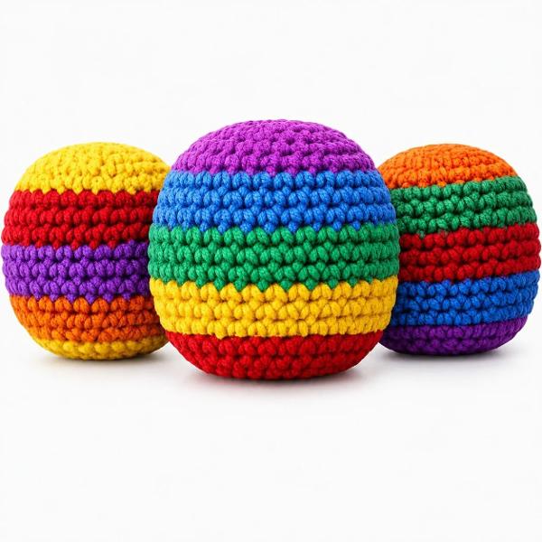 Wacky Kicks este o minge tricotata viu colorata conceputa pentru joaca senzoriala si activitati interactive Suprafata texturata ofera o senzatie placuta la atingere si stimuleaza explorarea tactila iar forma compacta permite prinderea si manevrarea cu usurinta Mingea poate fi folosita pentru exercitii de aruncare prindere si coordonare mana-ochi contribuind la dezvoltarea motricitatii si a dexteritatii Designul multicolor si textura impletita transforma produsul intr-o jucarie 