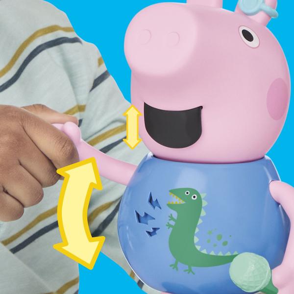 Descopera distractia muzicala alaturi de George indragitul personaj din seria Peppa Pig Figurina interactiva include peste 50 de sunete melodii si reactii amuzante Copiii pot apropia microfonul de gura figurinei pentru a-l auzi cantand pot apasa pe burta pentru a activa sunete si replici sau pot misca figurina pentru a descoperi diferite reactii Jucaria incurajeaza jocul de rol imaginatia si exprimarea muzicala fiind potrivita pentru micii fani Peppa Pig George tine in mana un microfon 