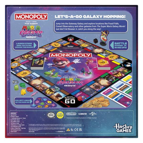 Joc Monopoly Super Mario Galaxy in Limba Engleza combina mecanica clasica Monopoly cu universul spectaculos Super Mario Galaxy Jucatorii calatoresc prin galaxie cumpara proprietati colecteaza chirii si incearca sa isi dezvolte avantajul fata de adversari intr-o editie tematica inspirata de personajele si aventurile din lumea Super Mario Grafica jocului este inspirata din universul Nintendo si include personaje cunoscute precum Mario Luigi Peach Yoshi si Bowser oferind o experienta 