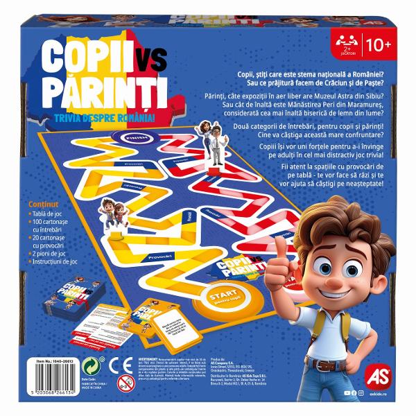 Copiii si parintii se intrec intr-un joc captivant de cultura generala dedicat Romaniei Copii vs Parinti  Trivia despre Romania este conceput pentru intreaga familie si combina competitia distractia si invatarea intr-un format dinamic cu sute de intrebari despre tara noastra Crezi ca stii totul despre Romania Acum este momentul sa demonstrezi Copiii si adultii raspund la intrebari adaptate jocului iar fiecare raspuns corect ii poate aduce mai aproape de linia de sosire Copii stiti care 