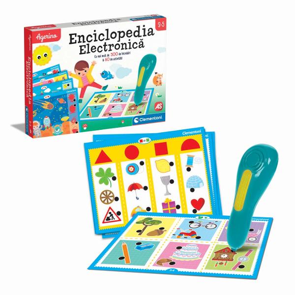 Agerino Enciclopedia Electronica cu Stilou este un joc educativ interactiv special conceput pentru copiii cu varsta intre 3 si 5 ani Prin activitati variate si ilustratii atractive cei mici pot descoperi concepte de baza intr-un mod simplu intuitiv si distractiv Enciclopedia include peste 500 de intrebari si 72 de activitati educative organizate pe mai multe teme potrivite educatiei prescolare Copiii pot invata si exersa notiuni legate de cantitati si dimensiuni culori si forme animale 