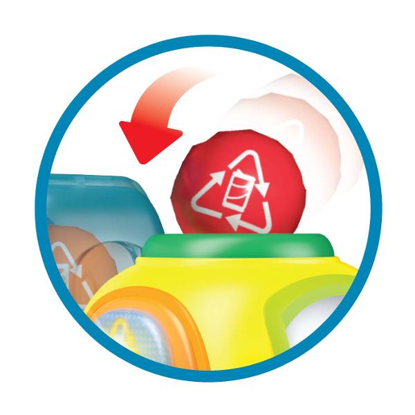 Jucarie De Tras Camion De Reciclare Cu Bile este o jucarie interactiva pentru cei mici conceputa pentru joaca activa si descoperirea relatiei cauza-efect Copilul poate introduce bilele in partea superioara a camionului pentru a activa lumini si sunete In timpul deplasarii camionul se balanseaza iar prin actionarea manetei bilele sunt eliberate si se rostogolesc afara Butoanele interactive redau fraze amuzante iar jocul contribuie la dezvoltarea motricitatii fine coordonarii mana-ochi si 